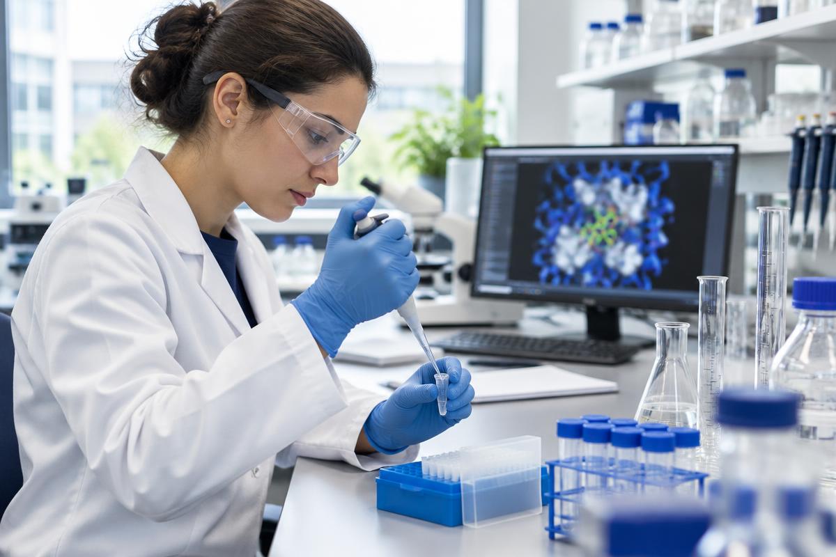 Pharmaceutical researcher working with a pipette in a modern laboratory