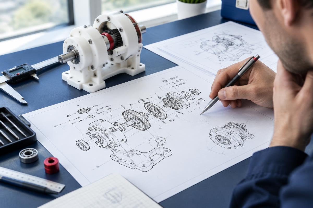 Engineer studying technical drawings beside an invention prototype