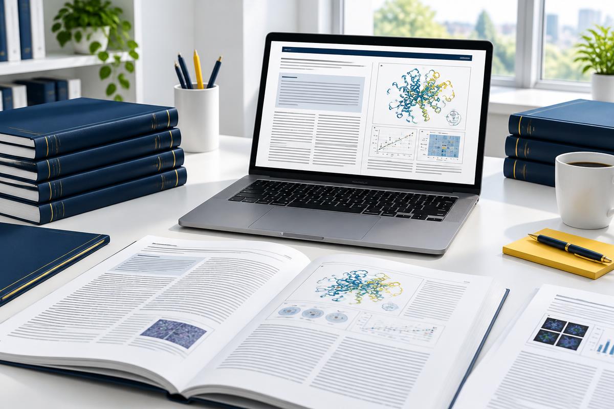 Academic journal pages and digital publishing workspace